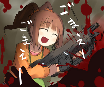 1girl :d blood brown_hair chainsaw closed_eyes crossover death gears_of_war gun happy idolmaster lancer_(weapon) lowres murder open_mouth parody raglan_sleeves smile takatsuki_yayoi twintails weapon