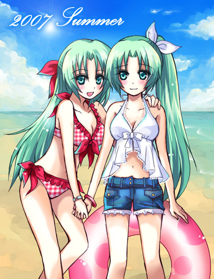 00s 2007 2girls beach bikini green_hair half_updo hazuki_megumi higurashi_no_naku_koro_ni md5_mismatch multiple_girls ponytail shorts siblings sisters sonozaki_mion sonozaki_shion swimsuit twins