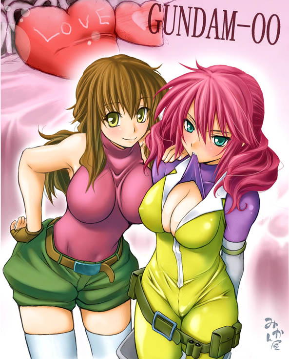 2girls bed belt beltskirt bodysuit breasts christina_sierra cleavage feldt_grace gundam gundam_00 heart multiple_girls skin_tight thigh-highs