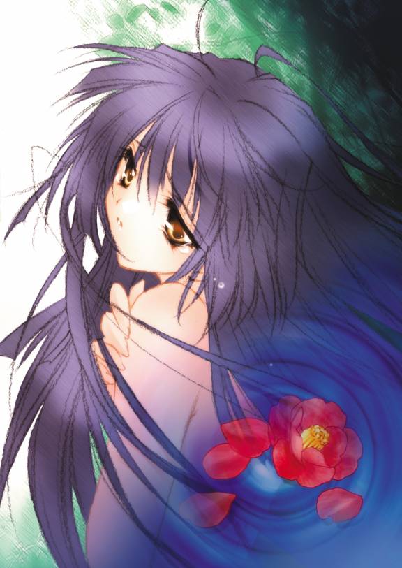 00s 1girl blue_hair carnelian flower kao_no_nai_tsuki kuraki_suzuna long_hair nude rose solo yellow_eyes