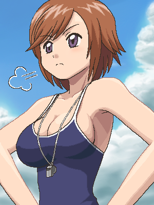 1girl awa breasts brown_hair cleavage grey_eyes hands_on_hips houin_kyouko kodomo_no_jikan lowres oekaki one-piece_swimsuit school_swimsuit short_hair sideboob sign solo swimsuit undersized_clothes whistle