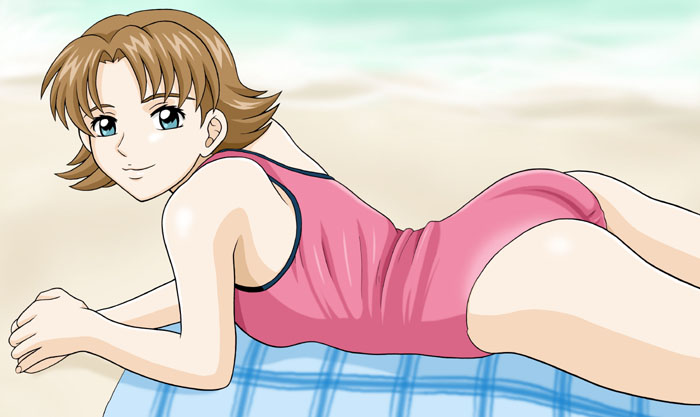 00s 1girl aqua_eyes arm_support ass bangs beach beach_towel blanket blue_eyes breasts brown_hair casual_one-piece_swimsuit cowboy_shot flipped_hair from_side gundam gundam_seed hands_together light_smile looking_at_viewer looking_back lying miriallia_haw ocean on_stomach one-piece_swimsuit outdoors parted_bangs pink_swimsuit plaid poorly_drawn sand short_hair small_breasts smile solo swimsuit towel water
