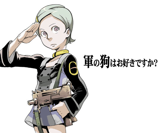 1girl eureka eureka_seven eureka_seven_(series) female green_hair gun jewelry machine_pistol necklace pink_eyes saitou_yahu salute short_hair simple_background solo submachine_gun weapon