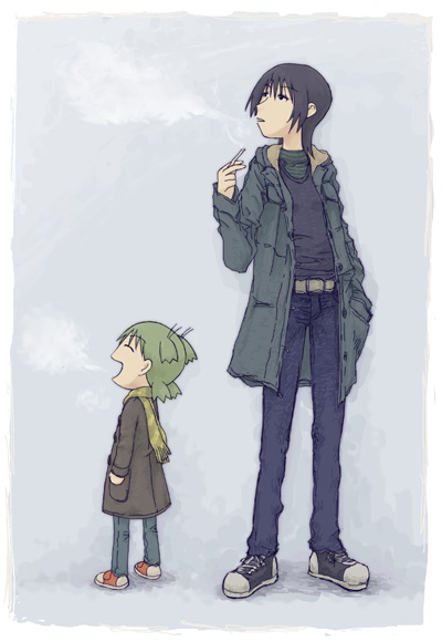 androgynous child cigarette emoncake. koiwai_yotsuba reverse_trap smoking torako_(yotsubato!) winter yotsubato!