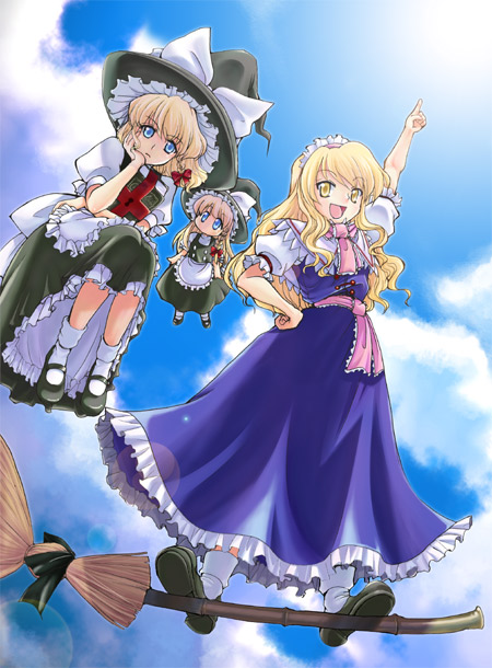 2girls alice_margatroid alice_margatroid_(cosplay) blonde_hair blue_eyes book broom broom_riding chin_rest cosplay costume_switch doll female flying grimoire hand_on_hip hand_up hat hips kirisame_marisa kirisame_marisa_(cosplay) mikagami_hiyori multiple_girls pointing raised_hand shanghai_doll sky touhou witch witch_hat yellow_eyes