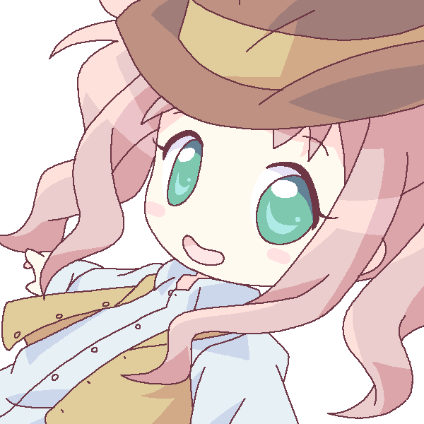 1girl :d brown_hat buttons chibi close-up collared_shirt el_cazador_de_la_bruja face green_eyes hat lirio long_sleeves looking_at_viewer mirai_(sugar) open_mouth pink_hair shirt sidelocks smile solo vest white_shirt