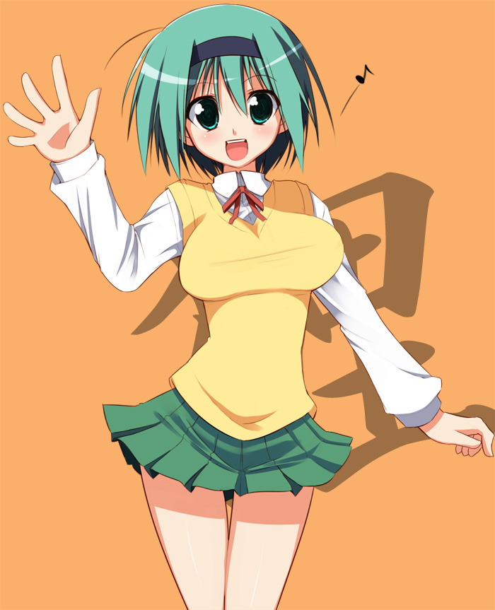 1girl :d ahoge aqua_eyes aqua_hair arm_up bangs blush breasts green_eyes green_hair hairband hoppege impossible_clothes impossible_shirt large_breasts long_sleeves miniskirt musical_note neck_ribbon open_mouth orange_background pleated_skirt ribbon school_uniform serafuku shirt short_hair simple_background skirt smile solo sweater_vest taut_clothes thigh_gap to_heart_2 waving yoshioka_chie
