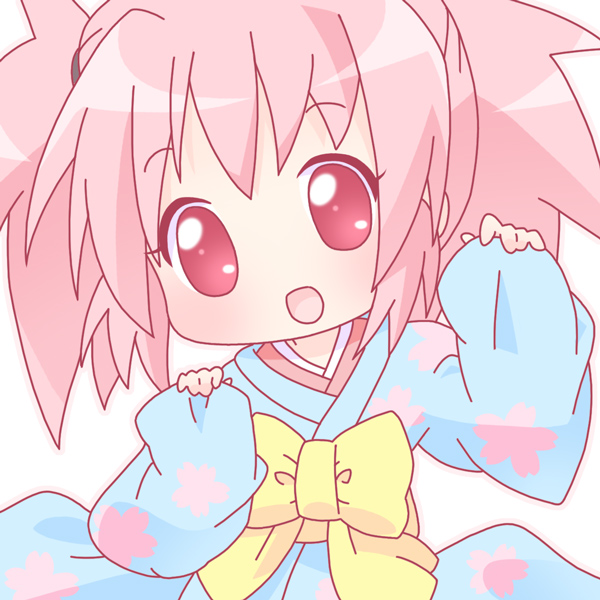 1girl bow chibi edomae_lunar japanese_clothes kimono long_sleeves looking_at_viewer mirai_(sugar) pink_hair red_eyes seto_no_hanayome simple_background solo upper_body white_background wide_sleeves yellow_bow