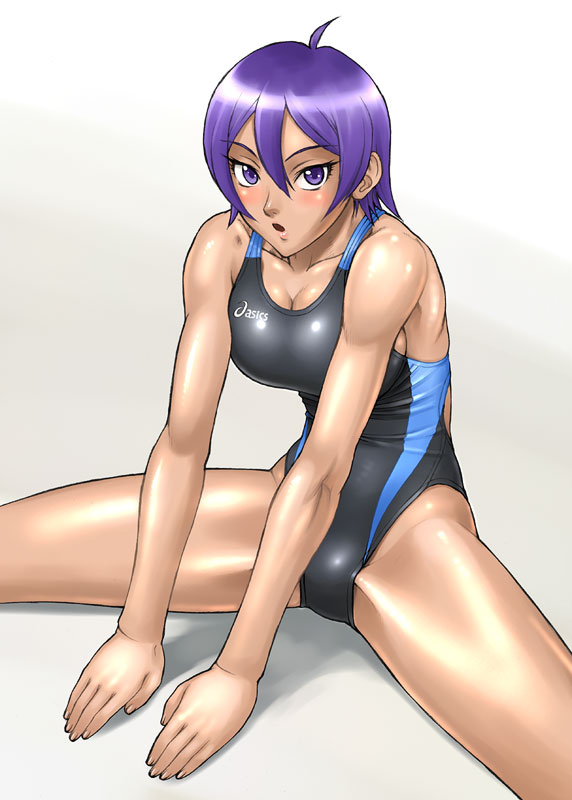 1girl :o asics bang-you blush collarbone competition_swimsuit hands highleg highleg_swimsuit kenkou_zenrakei_suieibu_umishou one-piece_swimsuit open_mouth orizuka_momoko purple_hair shiny shiny_skin short_hair simple_background single_vertical_stripe solo spread_legs stretch swimsuit thighs tomboy toned violet_eyes