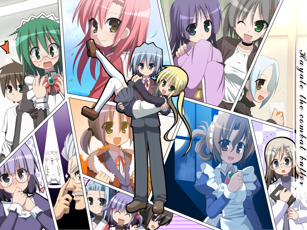 3boys 6+girls ;d aizawa_sakuya asakaze_risa ayasaki_hayate beer_mug blonde_hair blue_eyes blue_hair book bow bowtie brown_eyes brown_hair brown_shoes clenched_hand coat copyright_name facial_hair folded_ponytail formal glasses green_eyes green_hair grey_hair hair_bobbles hair_ornament hairband hairpin hanabishi_miki hayate_no_gotoku! heart juliet_sleeves katsura_hinagiku katsura_yukiji kijima_saki klaus_seishirou long_sleeves maid maid_headdress makimura_shiori maria_(hayate_no_gotoku!) multiple_boys multiple_girls mustache nishizawa_ayumu nun one_eye_closed open_mouth over-kneehighs pink_hair puffy_sleeves purple_hair red_eyes round_glasses saginomiya_isumi sanzen'in_nagi school_uniform segawa_izumi shoes skirt smile sonia_shaflnarz spotlight suit tachibana_wataru tama_(hayate_no_gotoku) thigh-highs tiger twintails white_legwear white_tiger