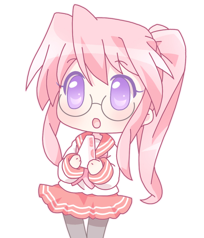 cake chibi food glasses lucky_star mirai_(sugar) pastry pink_hair ponytail school_uniform serafuku takara_miyuki violet_eyes