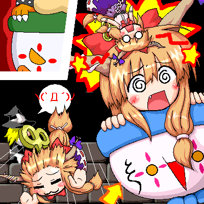 :3 @_@ bowser bowser_(cosplay) crossover fang ibuki_suika kirisame_marisa koopa koopa_clown_car lowres super_mario_bros. merupo myonde nintendo oekaki parody super_mario_bros. super_mario_world touhou