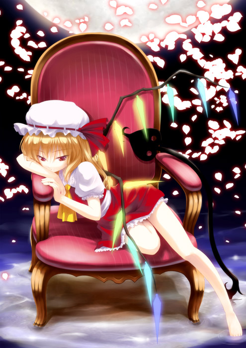 1girl armchair barefoot blonde_hair chair female flandre_scarlet hat head_rest kazami_haruki leaning red_eyes solo touhou wings