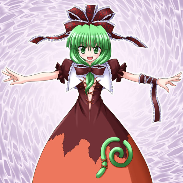 1girl bococho female frills front_ponytail green_eyes green_hair kagiyama_hina outstretched_arms solo spread_arms touhou