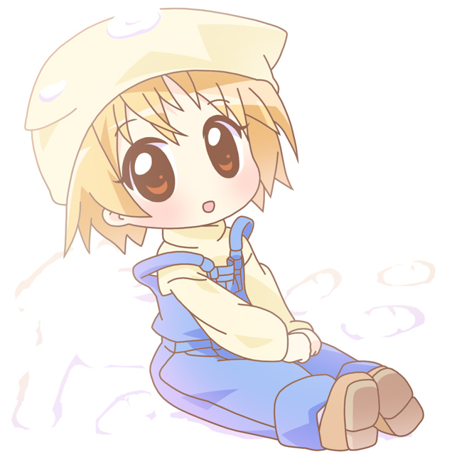 1girl :d blonde_hair brown_eyes brown_shoes chibi hat kanon long_sleeves looking_at_viewer mirai_(sugar) open_mouth overalls shoes short_hair simple_background smile solo sweater tsukimiya_ayu white_background