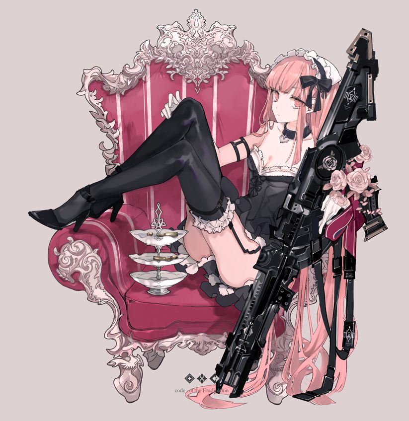 1girl :o assault_rifle black_ribbon chair choker cierra_(ra-bit) corset flower frills full_body garter_straps gloves grey_background gun hair_ribbon heart_pendant high_heels holding holding_weapon long_hair maid_headdress original reclining red_eyes redhead ribbon rifle rose tea_stand thigh-highs very_long_hair weapon white_gloves