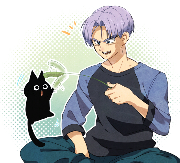 +++ 1boy animal blue_eyes cat dragon_ball dragonball_z long_sleeves looking_down male_focus official_style petagon purple_hair short_hair simple_background sitting smile tama_(dragon_ball) trunks_(dragon_ball) white_background