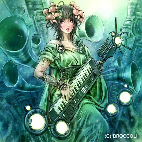 1girl dimension_zero fantasy instrument keyboard keytar mushroom music piano solo underwater yamashita_shun'ya