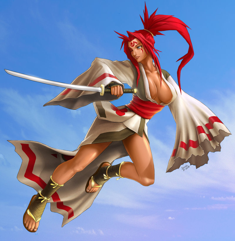1girl amputee arc_system_works baiken blue_eyes breasts cleavage guilty_gear japanese_clothes katana kimono large_breasts obi one-eyed open_clothes open_kimono redhead sash scar scar_across_eye sky solo sword weapon
