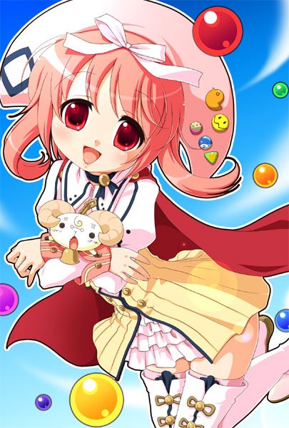 1girl :d akihime_sumomo bad_id beret blue_sky boots day frilled_skirt frills full_body hat head_tilt jumping looking_at_viewer manji_taba marble nanatsuiro_drops open_mouth pink_boots red_eyes redhead short_hair skirt sky smile solo thigh-highs thigh_boots white_skirt yuki-chan zettai_ryouiki