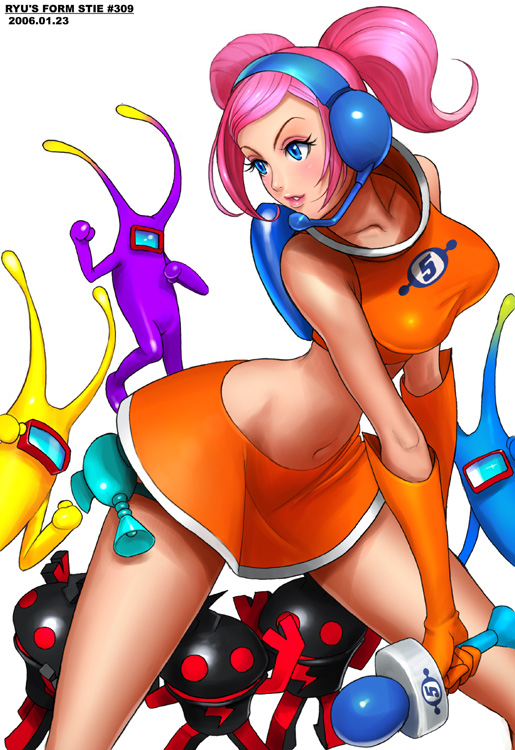 1girl backpack bag blue_eyes breasts crop_top elbow_gloves gloves gun headset large_breasts leaning_forward lipstick makeup microphone midriff morolian navel pink_hair randoseru ryu_(ryu's_former_site) sega shirt short_hair short_twintails skirt solo space_channel_5 taut_clothes taut_shirt thigh_strap twintails ulala weapon