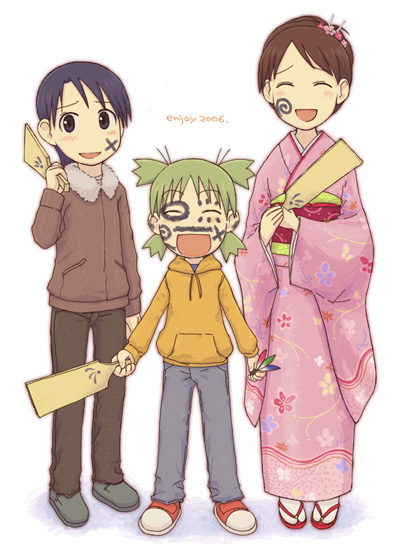 ayase_ena child emoncake. face_painting hagoita hanetsuki hayasaka_miura japanese_clothes kimono koiwai_yotsuba paddle yotsubato!