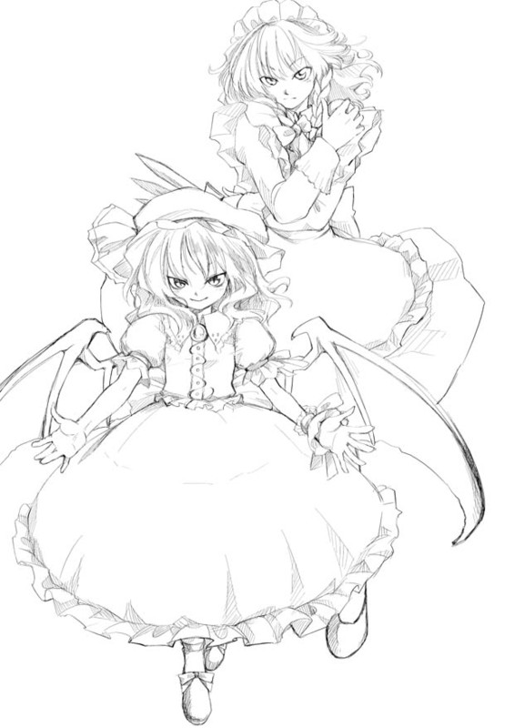 2girls bat_wings female hat izayoi_sakuya kiriu knife maid maid_headdress monochrome multiple_girls outstretched_arms remilia_scarlet short_hair sketch spread_arms throwing_knife touhou weapon wings wrist_cuffs