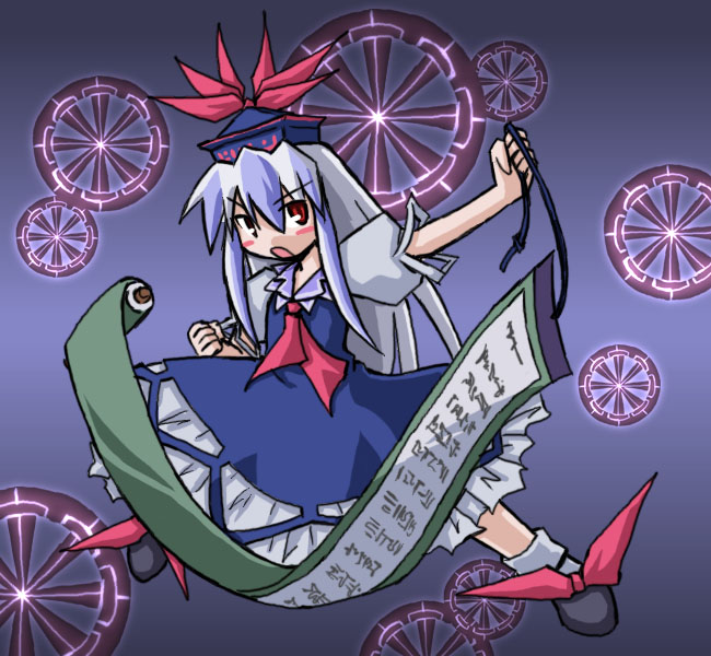 1girl black_shoes blue_hair blush_stickers clenched_hand female frilled_skirt frills full_body hat kamishirasawa_keine kugelschreiber kuugerushureibaa long_hair looking_at_viewer multicolored_hair open_mouth outstretched_arm puffy_short_sleeves puffy_sleeves red_eyes scroll shoes short_sleeves simple_background skirt socks solo standing touhou white_hair white_legwear