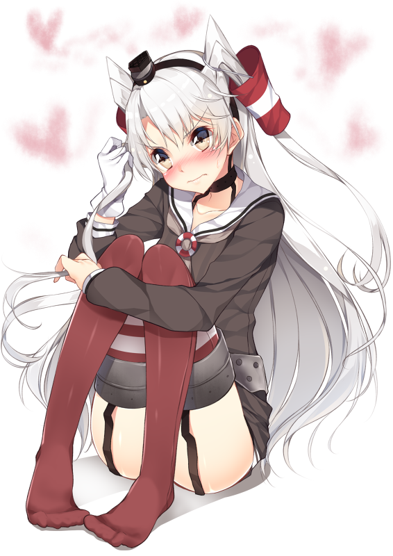 1girl 3:&lt; amatsukaze_(kantai_collection) blush brown_eyes convenient_leg dress garter_straps kantai_collection long_hair nose_blush revision sailor_dress short_dress silver_hair solo thigh-highs two_side_up yappen