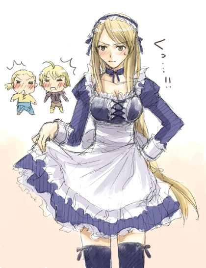 1girl agrias_oaks ahoge alternate_costume apron blonde_hair blush bow braid breasts brown_eyes choker cleavage enmaided final_fantasy final_fantasy_tactics frills large_breasts long_hair maid maid_apron maid_headdress mustadio_bunansa oekaki ponytail ramza_beoulve thigh-highs yellow_eyes zettai_ryouiki