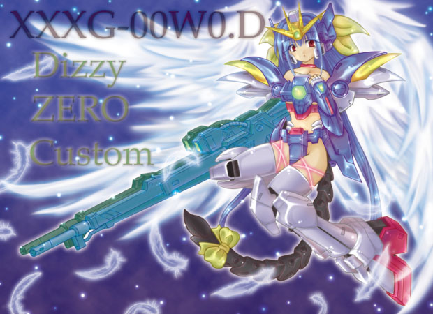 1girl arc_system_works beam_rifle blue_hair dizzy energy_gun feathers guilty_gear gun gundam gundam_wing gundam_wing_endless_waltz long_hair mecha_musume parody red_eyes solo tail weapon wing_gundam_zero_custom wings