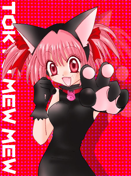 00s animal_ears bell cat_ears catsuit choker gloves hair_ribbon momomiya_ichigo open_mouth pink_eyes pink_hair ribbon short_twintails tokyo_mew_mew twintails