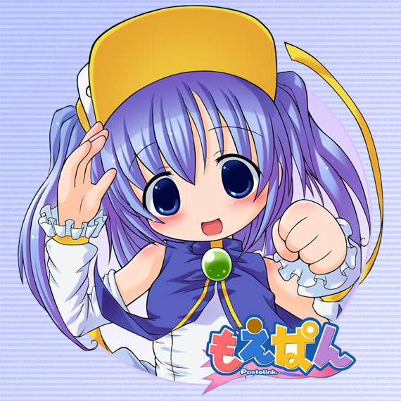 1girl :d arm_up blue_eyes brooch frilled_sleeves frills gem jewelry long_sleeves looking_at_viewer moetan open_mouth pastel_ink purple_hair smile solo tareme text tokuda_shinnosuke upper_body visor_cap