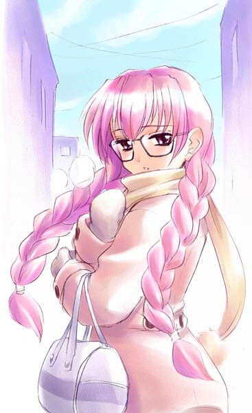 bag braid cold di_gi_charat glasses katou_ryouichi pink_hair scarf twin_braids usada_hikaru