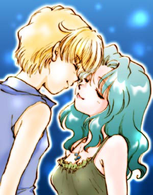 2girls 90s androgynous bishoujo_senshi_sailor_moon blonde_hair closed_eyes green_hair kaiou_michiru long_hair lowres multiple_girls mutual_yuri reverse_trap shirt short_hair ten'ou_haruka wavy_hair yuri