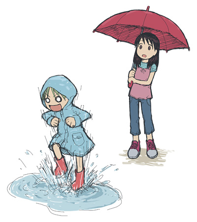 2girls ayase_ena black_hair boots child emoncake. green_hair koiwai_yotsuba long_hair lowres multiple_girls o_o open_mouth pants puddle rain raincoat rubber_boots shirt shoes simple_background smile sneakers splashing t-shirt umbrella white_background yotsubato!