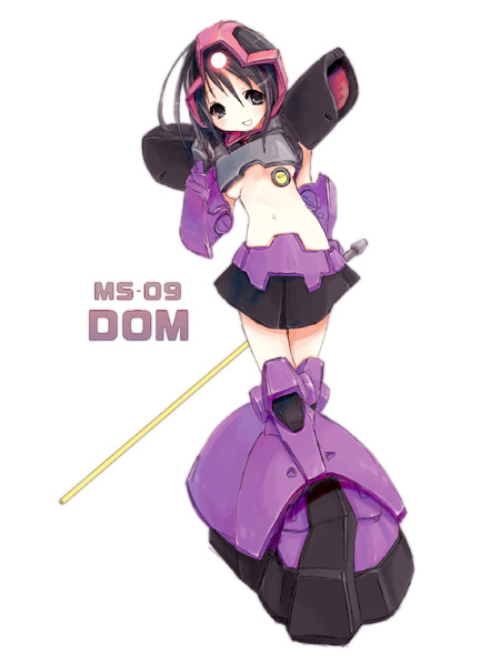 1girl black_hair breasts dom gundam mecha_musume mobile_suit_gundam revealing_clothes short_hair small_breasts solo under_boob yakisake