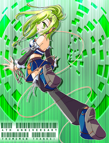 1girl abstract_background bare_shoulders beatmania beatmania_iidx blue_skirt detached_sleeves from_behind full_body green_eyes green_hair kitami_erika long_hair lowres miniskirt ponytail running shoe_soles shoes short_hair skirt solo