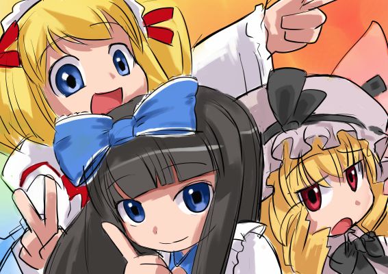 3girls bangs blonde_hair blue_eyes blunt_bangs bow brown_hair face female hair_bow hat hirosato index_finger_raised looking_at_viewer luna_child multiple_girls open_mouth perfect_memento_in_strict_sense red_eyes short_hair smile star_sapphire sunny_milk touhou v wings
