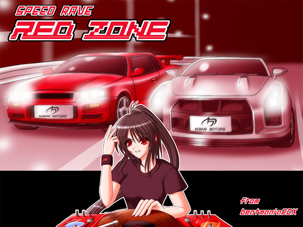 1girl beatmania beatmania_iidx bemani black_hair car dj dj_sakura ground_vehicle motor_vehicle phonograph ponytail red_eyes smile solo turntable vehicle