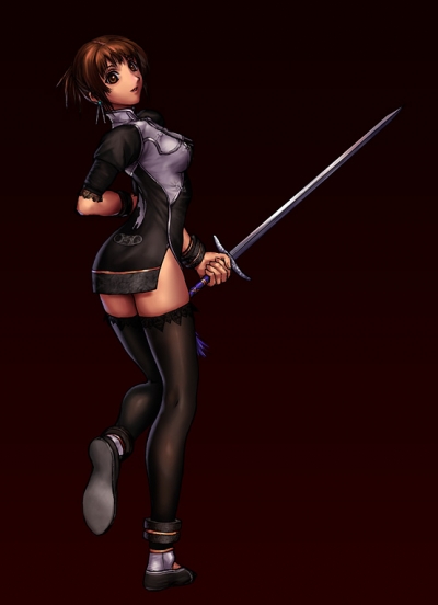 1girl alternate_costume black_legwear brown_eyes brown_hair chai_xianghua china_dress chinese_clothes earrings from_behind full_body holding holding_sword holding_weapon jewelry jian_(weapon) looking_at_viewer looking_back micchii_(mitchiee) miniskirt mitchiee short_dress short_hair side_slit simple_background solo soul_calibur soulcalibur_ii standing standing_on_one_leg sword tassel thigh-highs weapon zettai_ryouiki
