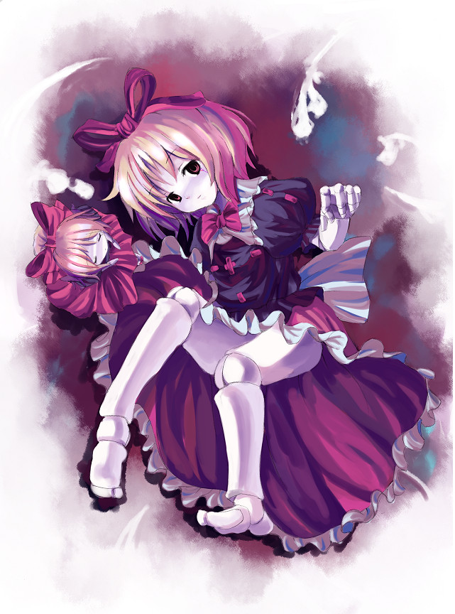 1girl barefoot blonde_hair blood bow closed_eyes doll doll_joints dress expressionless female medicine_melancholy puffy_sleeves red_eyes ribbon short_hair solo su-san touhou