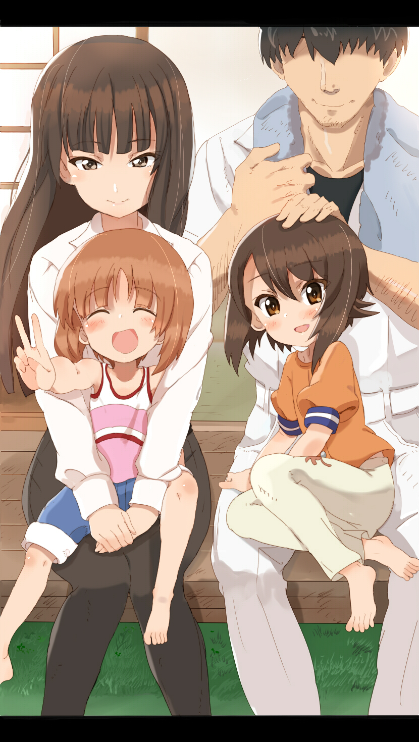 1boy 3girls alknasn barefoot black_hair brown_eyes brown_hair closed_eyes faceless faceless_male family father_and_daughter feet girls_und_panzer highres hime_cut husband_and_wife mother_and_daughter multiple_girls nishizumi_maho nishizumi_miho nishizumi_shiho nishizumi_tsuneo shirt siblings sisters smile v white_shirt younger