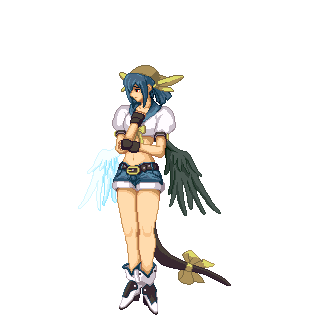 1girl animated animated_gif arc_system_works asymmetrical_wings bandanna belt blue_hair boots breasts crop_top denim denim_shorts dizzy fingerless_gloves full_body gloves guilty_gear guilty_gear_xx high_heels large_breasts lowres midriff pirate pixel_art red_eyes ribbon shoes shorts solo tail tail_ribbon thigh-highs transformation transparent_background under_boob wings