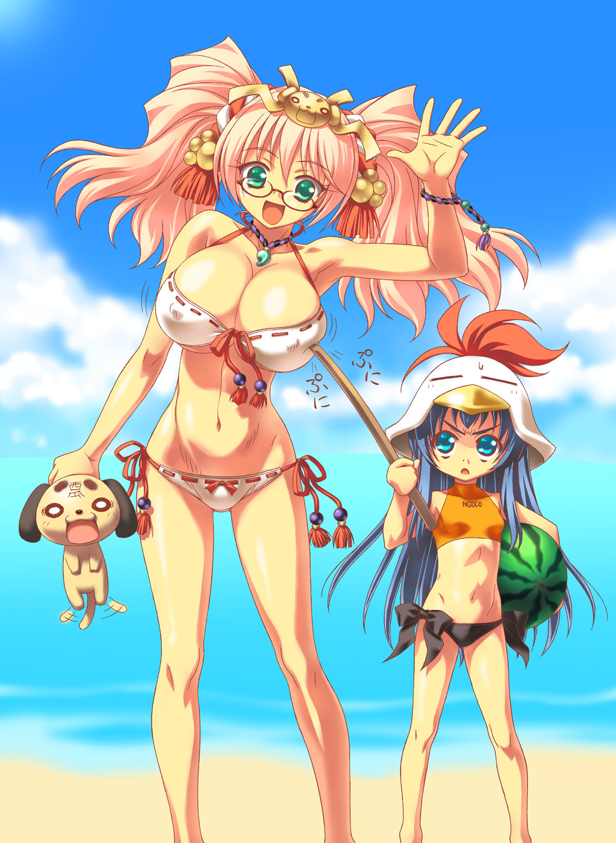 2girls beach bikini blue_eyes blue_hair bracelet breast_poke breasts dog food fruit glasses green_eyes hat highres holding holding_fruit huge_breasts jewelry long_hair long_legs multiple_girls ngo open_mouth pink_hair poking puppy side-tie_bikini suikawari swimsuit twintails watermelon waving