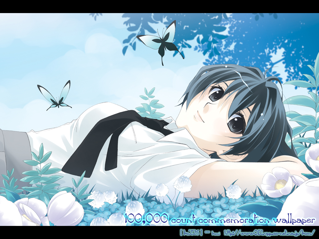 1girl androgynous antenna_hair arms_behind_head bangs black_eyes blue_hair bob_cut bomi butterfly clouds clover flower hits leaf letterboxed looking_at_viewer looking_back lying necktie on_back on_ground original outdoors school_uniform serafuku short_hair sky smile solo wallpaper