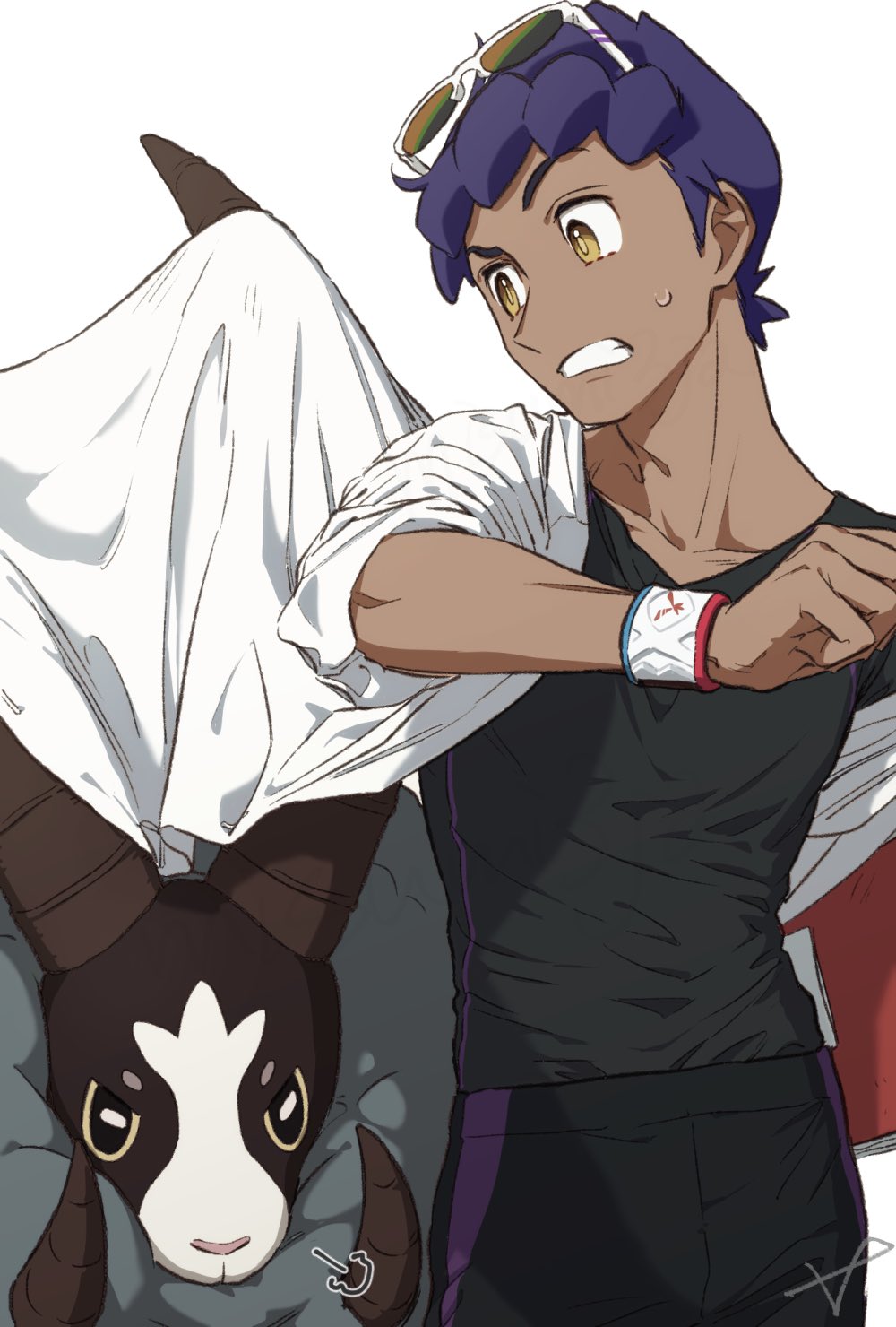 1boy =3 black_pants black_shirt clenched_teeth collarbone dark-skinned_male dark_skin dubwool dynamax_band hand_up highres hop_(pokemon) labcoat looking_back male_focus older pants pokemon pokemon_(game) pokemon_swsh purple_hair sankaku shirt short_hair sunglasses sweatdrop symbol-only_commentary teeth white-framed_eyewear yellow_eyes