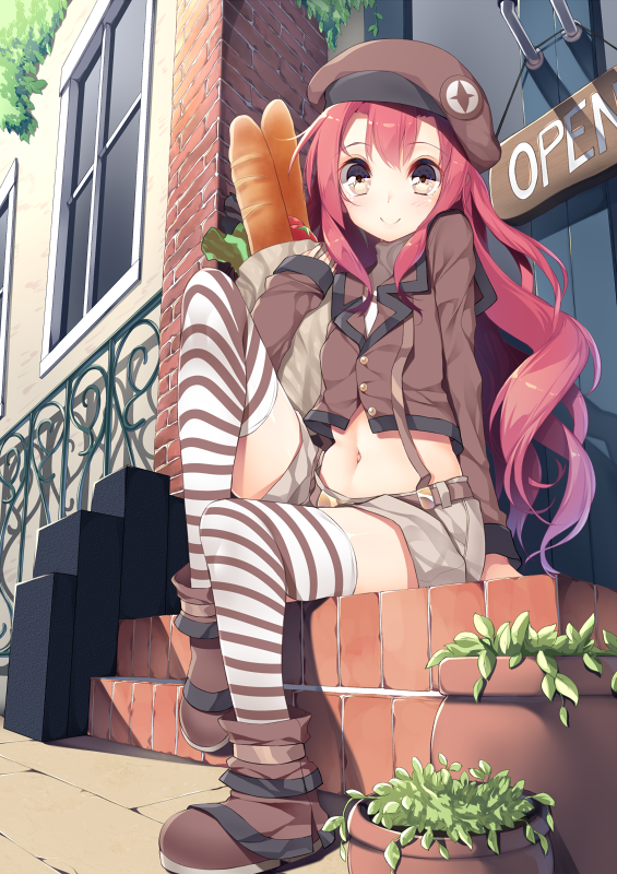 1girl bag belly_peek boots bread brown_eyes food hat kurimu_(yappen) long_hair long_sleeves looking_at_viewer midriff navel original paper_bag plant potted_plant redhead revision shorts sitting sitting_on_stairs smile solo stairs striped striped_legwear thigh-highs yappen