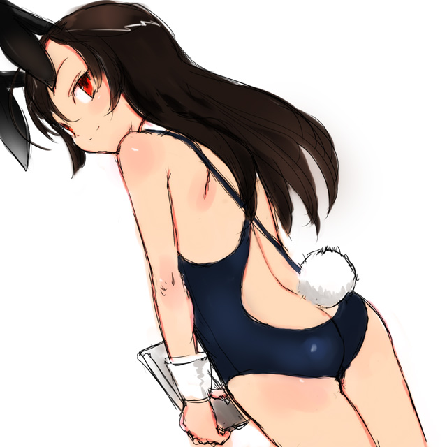 1girl animal_ears ass back brown_hair bunny_tail from_behind long_hair looking_back one-piece_swimsuit rabbit_ears red_eyes sketch solo swimsuit tail