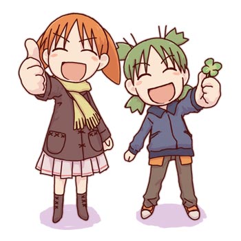 2girls ^_^ azumanga_daioh bangs blush blush_stickers boots child closed_eyes clover coat creator_connection crossover four-leaf_clover full_body green_hair happy jacket koiwai_yotsuba legs_apart lowres mihama_chiyo miniskirt multiple_girls object_namesake open_mouth orange_hair pants quad_tails scarf short_twintails skirt smile standing thumbs_up twintails winter yotsubato!